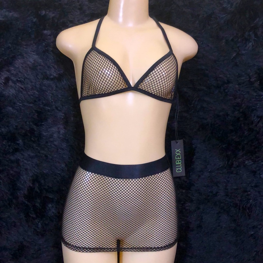 NWT Dolls Kill Black Fishnet Triangle Bra & Mini Skirt Set